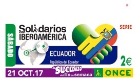 Cupón conmemorativo con la Solidaridad Iberoamérica Ecuador (Se muestra en un mapa la situación de Ecuador y dos manos juntas con los colores de su bandera) 