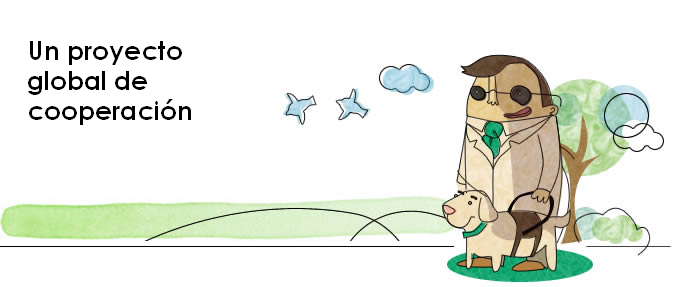 Dibujo a mano alzada y coloreado de una persona ciega (un hombre) con gafas y su perro guía. Se encuentran en un entorno "natural" (un parque, por ejemplo) y de fondo se muestra un árbol, unas nubes y unos pájaros volando. La corbata de la persona y el collar del perro están coloreados en un tono verde similar al del logo de FOAL. Este dibujo se muestra a la derecha, mientras que a la izquierda se puede leer la frase: "Un proyecto global de cooperación".