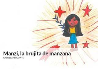 portada del libro con manzi la brujita de manzana y estrellas de color rojo